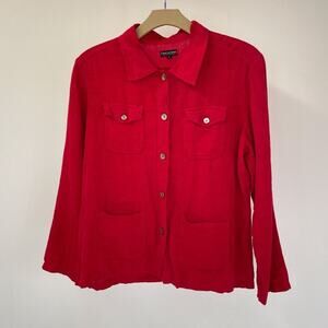 Vintage 90s Red Linen Button Up / Carol LeValley / Sz L / Minimal Shacket Boho